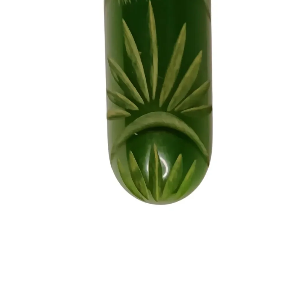 Bakelite Brooch Carved Dark Green Bar Pin Art Deco Tropical Leaf Fan Design 3.25